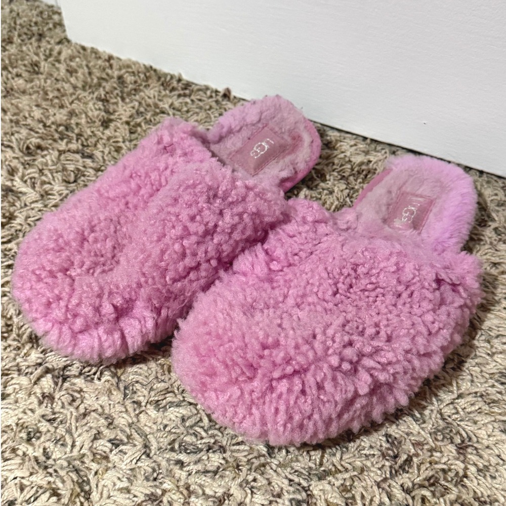 UGG Fluffette Pink Plush Wool Blend Slide Slippers Womens